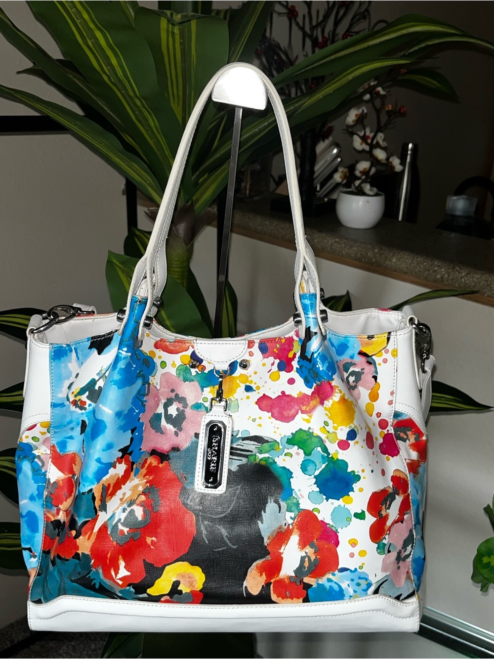 Sharif  Tote Crossbody White watercolor pattern with Vibrant Floral Interior